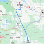 Simplified illustrated map showing driving route from Parker, CO to The Sand Place Indoor Sandbox in Park View, CO, with landmarks and playful icons.